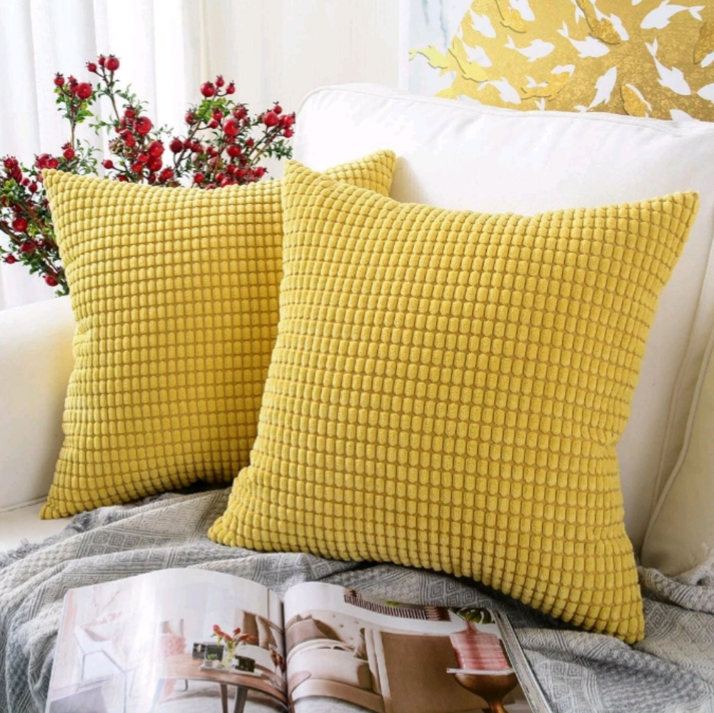 MERNETTE Set of 2 Soft Yellow Chenille Corduroy Throw Pillow Covers, 19.5"